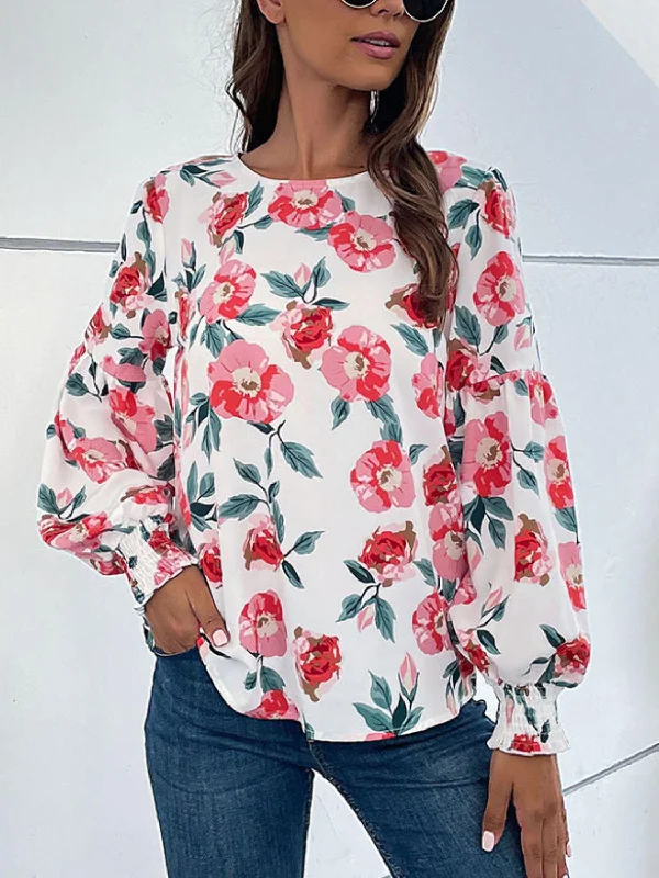 Floral Long Puff Sleeve Round Neck Blouse Lightweight Chiffon Blouse