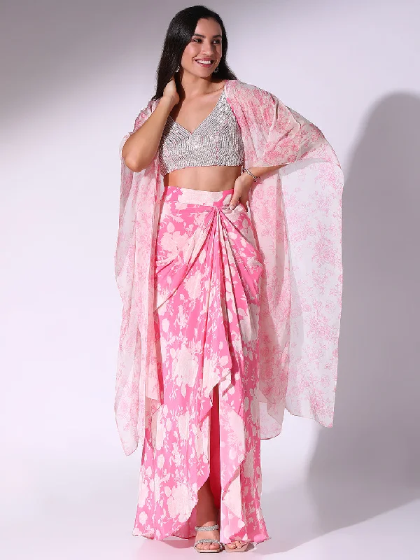 Pink Floral Printed Blouse, Skirt & Cape Set Elegant Embroidery Blouse