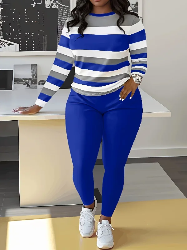 Slim Chic Two-Piece Outfit Set - Long Sleeve Crew Neck Striped Color Block T-Shirt with Soft Fabric and Relaxed Fit, Solid Elastic Waist Pants with Stretchy Waistband for Comfortable Movement - Women's Casual Clothing for Daily Wear-- Polka Dot Checkered Tartan