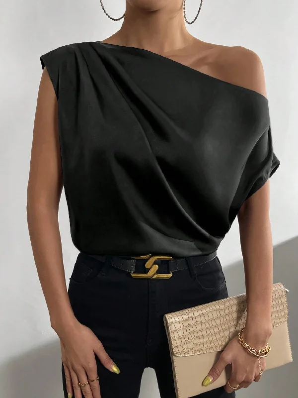Ruched Single Shoulder Blouse Versatile Layering Blouse