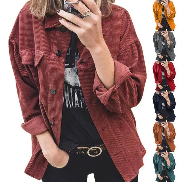 Corduroy Button Loose Shirt-- Zippered Buttoned Snapped