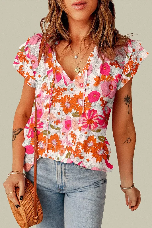 Floral Tie Neck Flutter Sleeve Blouse Chic Off-Shoulder Blouse