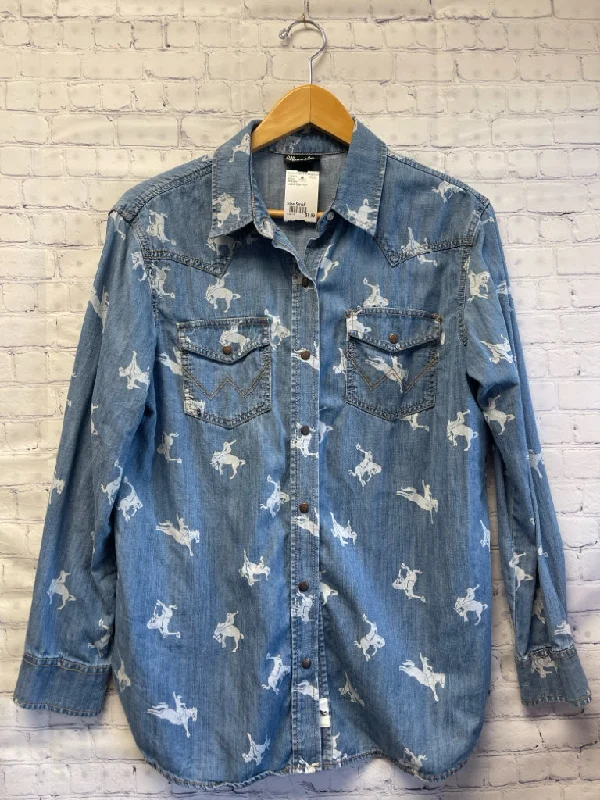 Size Small Ladies Blue Print Wrangler Blouse Chic Square Blouse