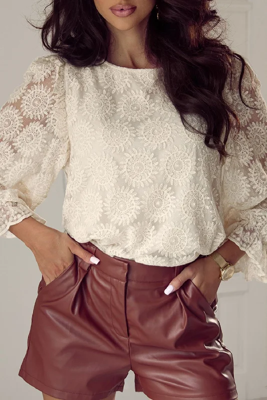 Hazel Blues® |  Flower Jacquard Flounce Sleeve Blouse Embroidered Cotton Blouse