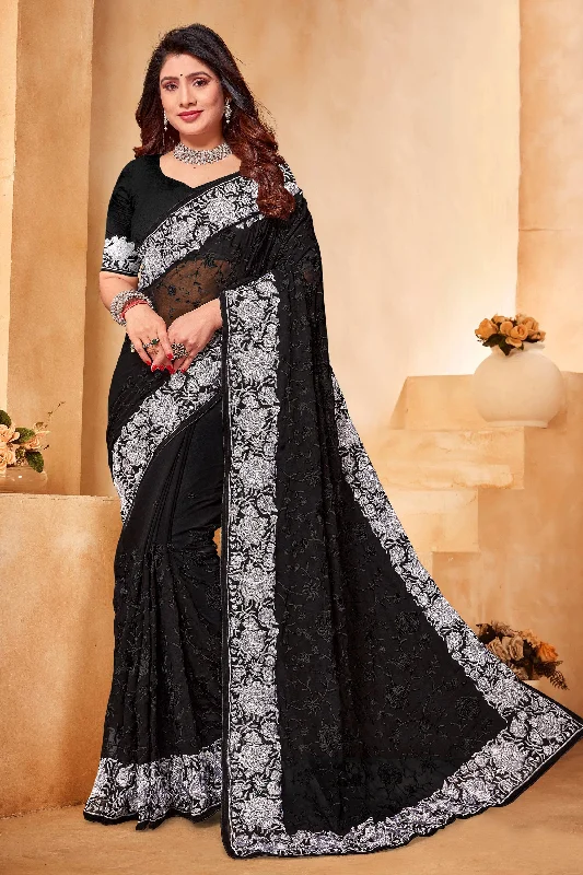 Embroidery Work Black Georgette Festive Wear Saree With Blouse Elegant Embroidery Blouse