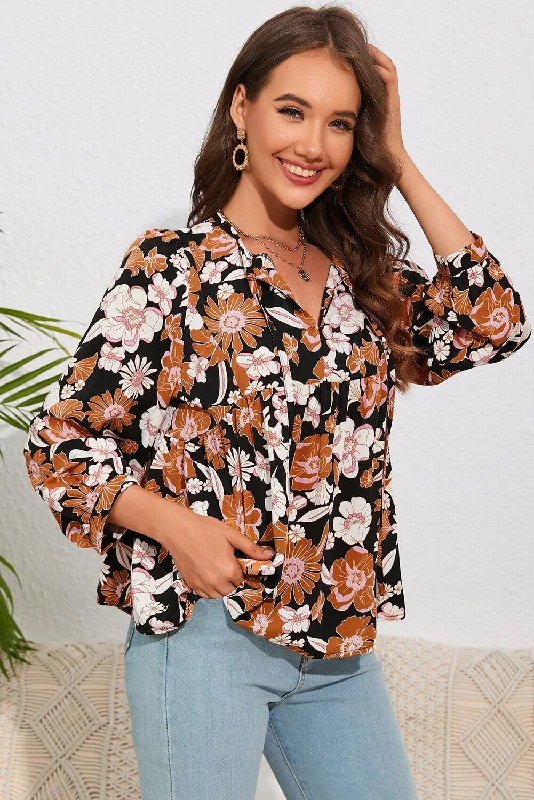 Floral Tie Neck Babydoll Blouse Cotton Casual Blouse