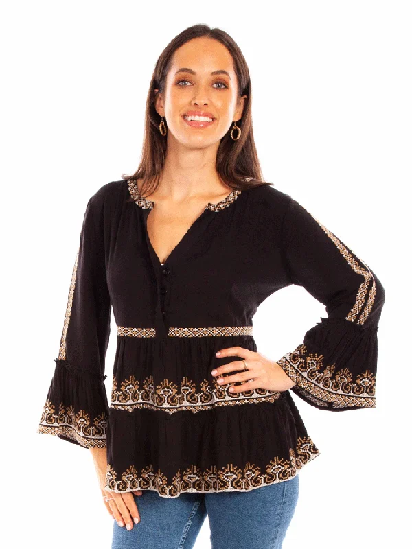 Scully HC882-BLK Womens Embroidered Long Sleeve Blouse Black Backless Summer Blouse