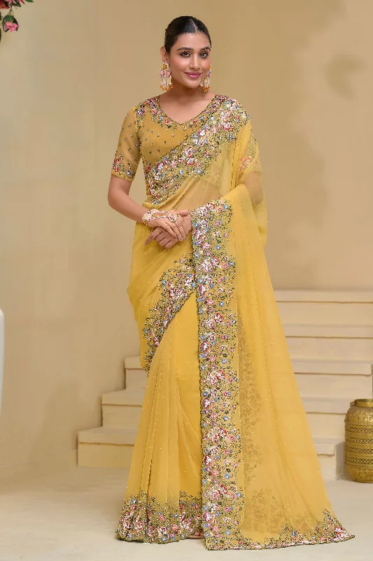 Mustard Banarasi Saree With Party Wear Blouse Balloon Sleeve Blouse