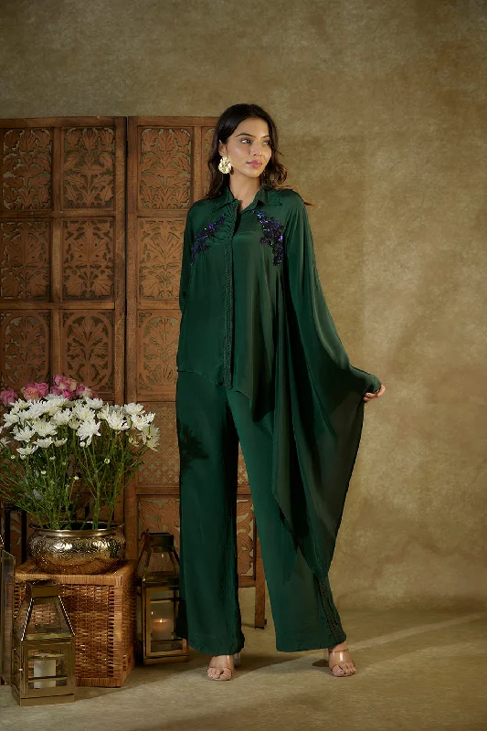 Forest Green Embroidered One Side Kaftan Sleeves Shirt And Pants Set-- Mesh Blend Leather Blend Suede Blend