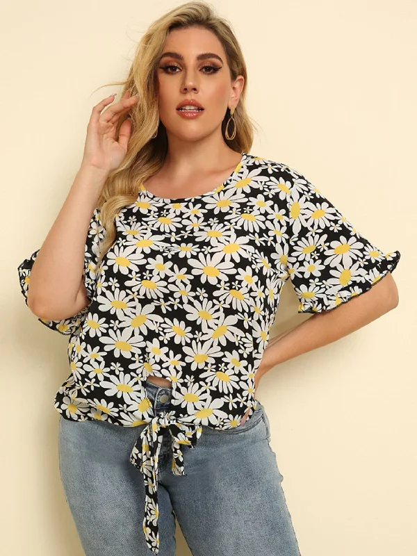 Plus Size Floral Round Neck Tie Hem Blouse Semi-Sheer Blouse