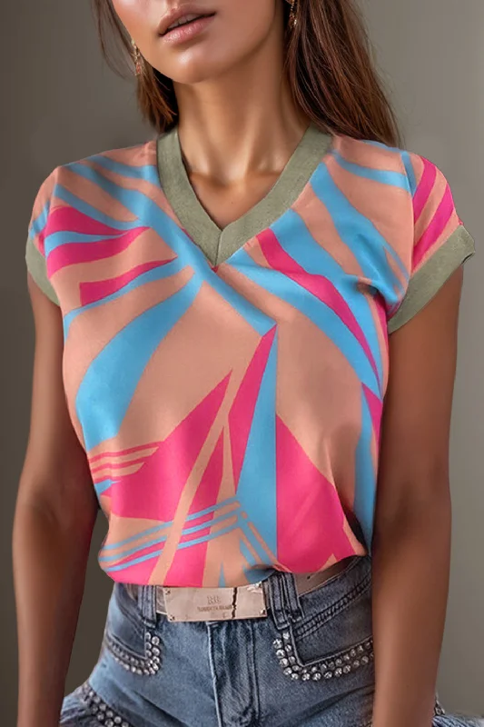 Contrast V-Neck Cap Sleeve Blouse Elegant Semi-Sheer Blouse