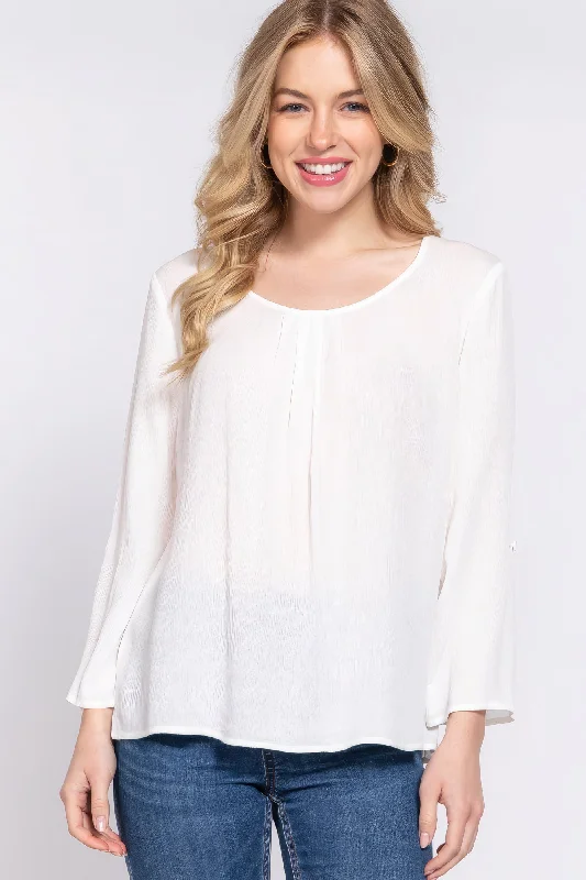 3/4 Roll Up Slv Pleated Blouse Boho Chic Blouse