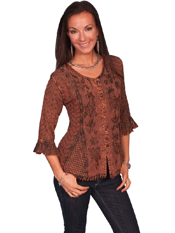 Scully HC67-COP Womens Tonal Embroidered Blouse Copper Short Sleeve Blouse
