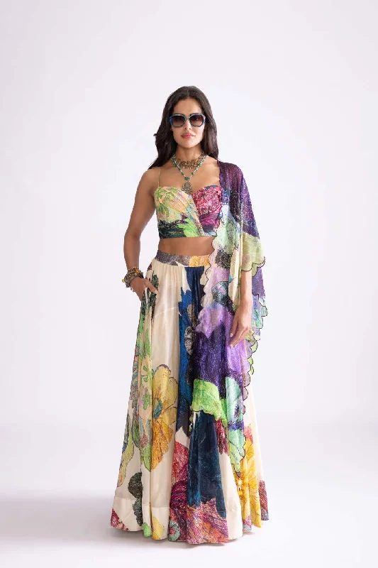 Bluey Blouse, Dupatta And Magnolia Lehenga Ruched Sleeve Blouse