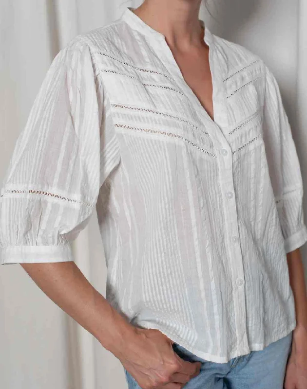 Hattie Blouse in White Seersucker with lace Inserts and Balloon Sleeves Modern Work Blouse