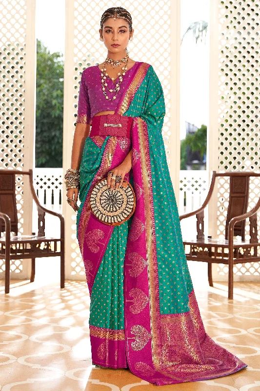 Stunning Sea Green Banarasi Art Silk Festive Saree With Contrast Blouse Satin Long Blouse