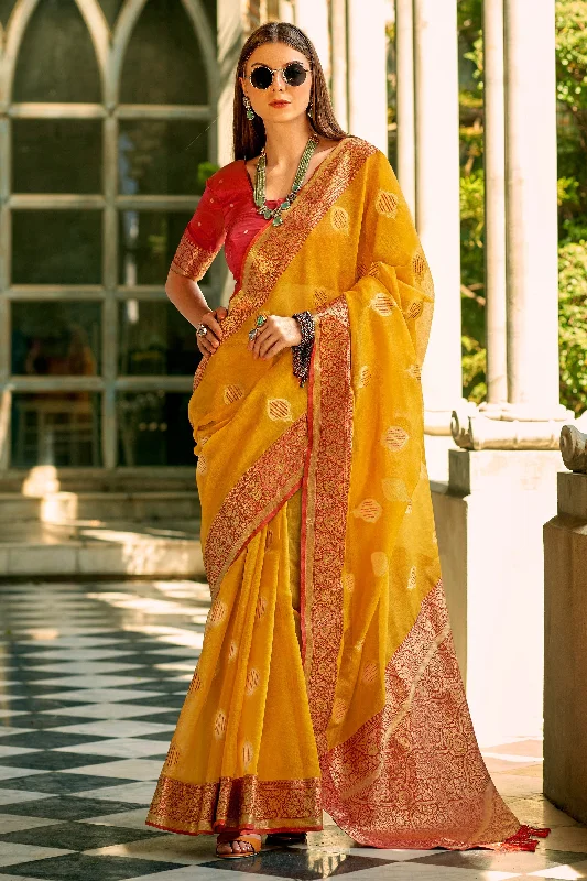 Weaving Work Mustard Tissue Silk Saree With Beautiful Blouse Airy Cotton Blouse