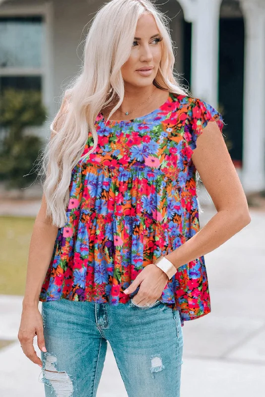 Floral Round Neck Frill Trim Blouse Side Tie Blouse