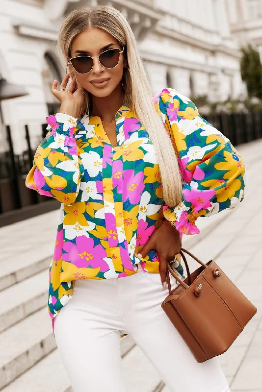 Floral Print Notched Neck Lantern Sleeve Blouse Puff Sleeve Blouse