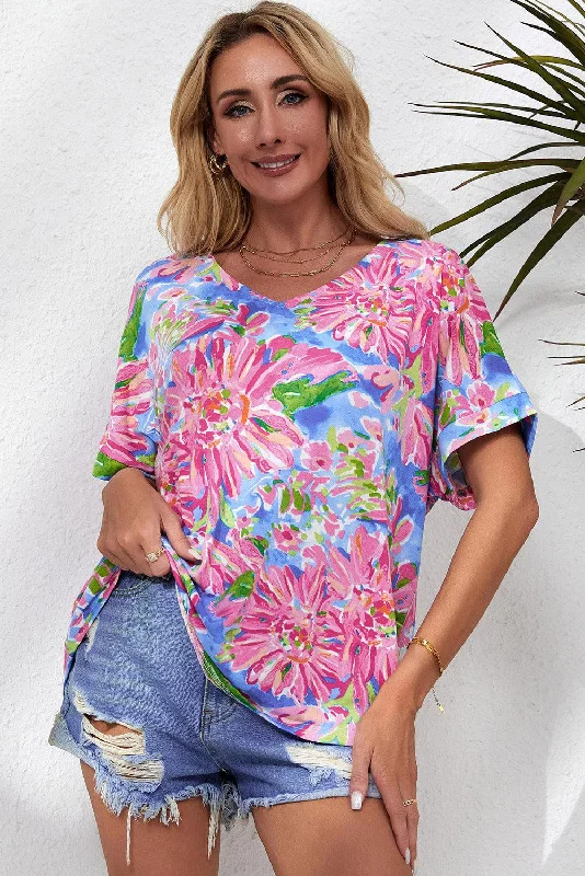 Floral V-Neck Short Sleeve Blouse Casual Relaxed Blouse