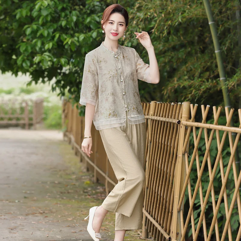 Summer Mom Wear Suit Western Style Half Sleeve Shirt Middle-Aged and Elderly Women's Clothing Summer New Chinese Style National Style Cotton and Linen Two-Piece Suit-- Iron Safe Non-Iron Wrinkle Free