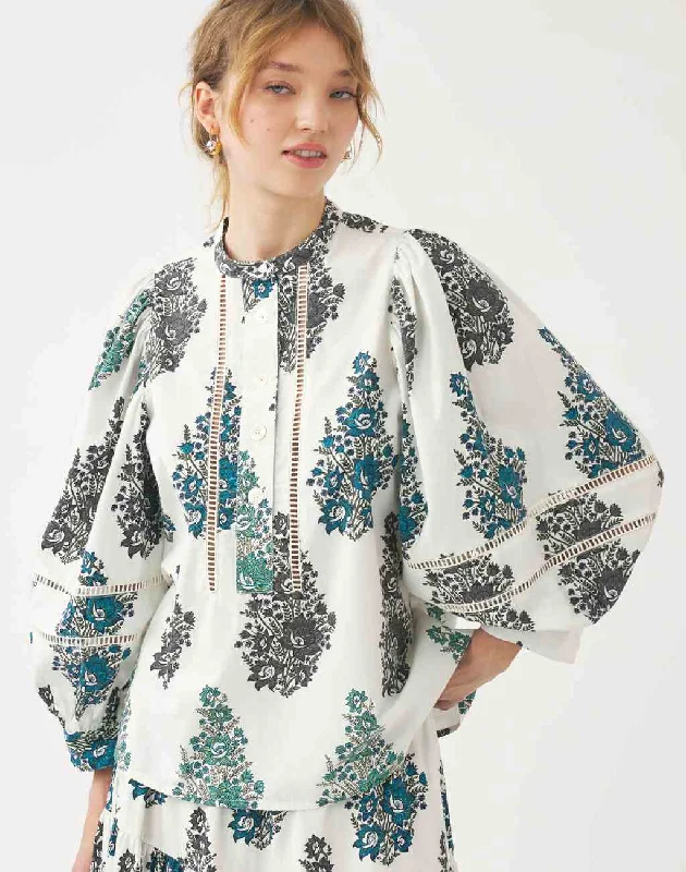 Cotton Poplin Muguet Blouse with Puffed Sleeves and Lace Ribbon Inserts Floral Chiffon Blouse