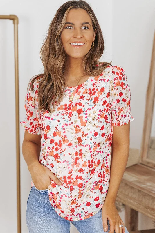 Floral Flounce Sleeve Smocked Blouse Peter Pan Blouse