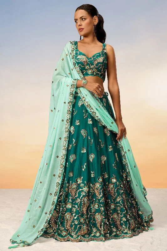 Sequins Work Georgette Green Lehenga With Mesmetic Blouse Stretchy Fitted Blouse