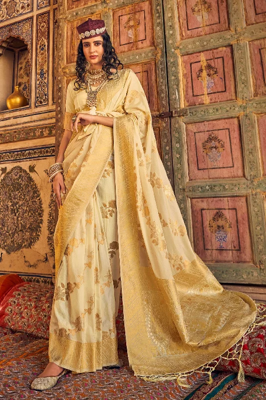Chinon Georgette Beige Excellent Weaving Work Saree With Blouse Pleated Collar Blouse