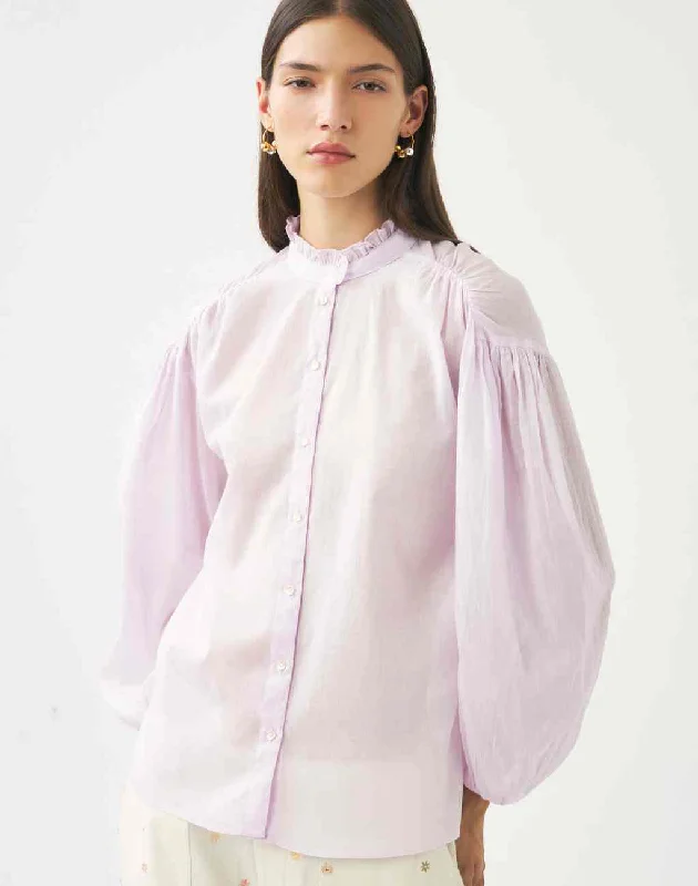 Cotton Voile Lightweight Anna Blouse in Lilac with Shoulder Pleats, Ruffled Collar, and Balloon Sleeves Everyday Stylish Blouse