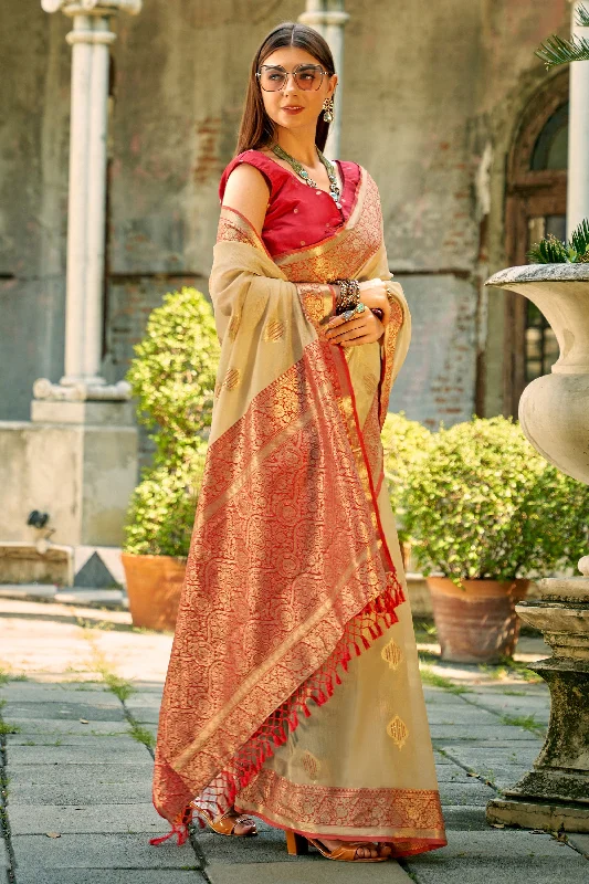 Weaving Work On Beige Tissue Silk Party Wear Saree With Enticing Blouse Playful Puff Blouse