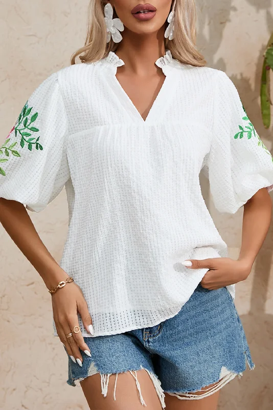 Embroidered Notched Half Sleeve Blouse Gathered Detail Blouse