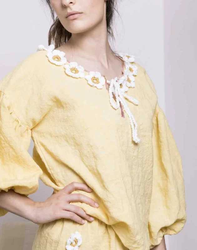 Yellow loulou Linen Blouse with Crocheted Daisies and Tie | Balloon Sleeves Mandarin Collar Blouse