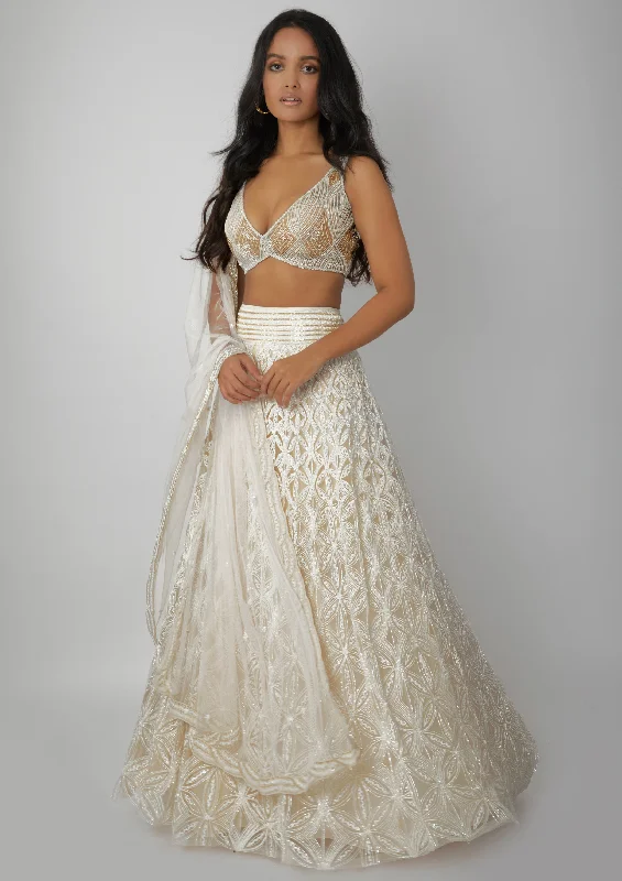 Ivory Mariya Lehenga With Colorful Blouse And Dupatta Ruffled Neck Blouse