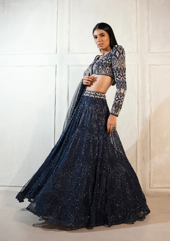 Navy Darya Lehenga Set With Embroidered Full Sleeve Blouse, Lehenga And Dupatta Classic Striped Blouse