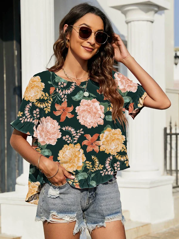 Floral Ruffled Flounce Sleeve Blouse Feminine Satin Blouse