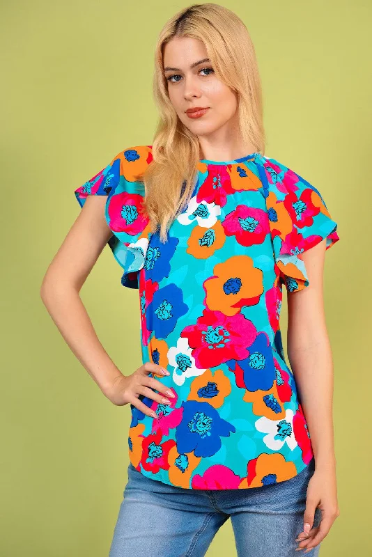Floral Round Neck Tied Blouse Silky Draped Blouse