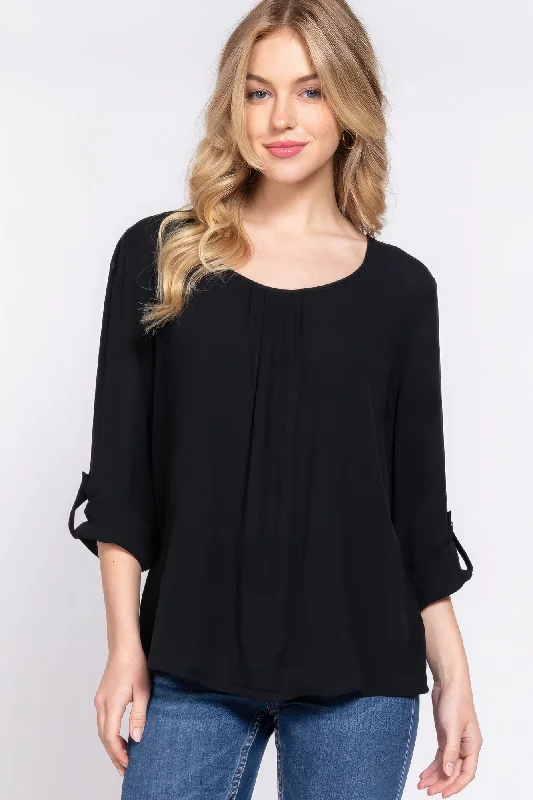 3/4 Roll Up Slv Pleated Blouse Elegant Semi-Sheer Blouse