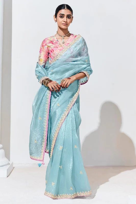 Light Cyan Party Wear Saree With Beautiful Blouse Elegant Office Blouse