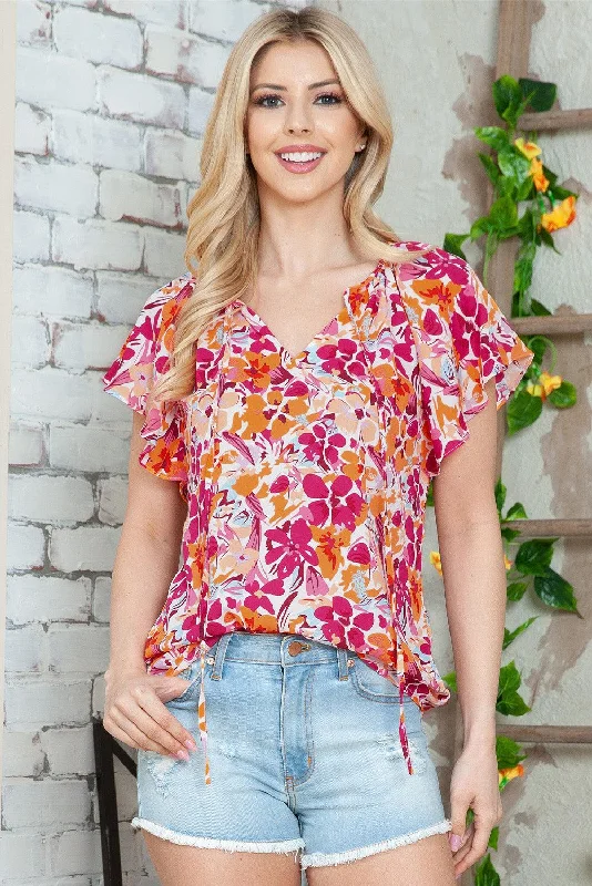 Floral Tie Neck Flutter Sleeve Blouse Asymmetric Hem Blouse