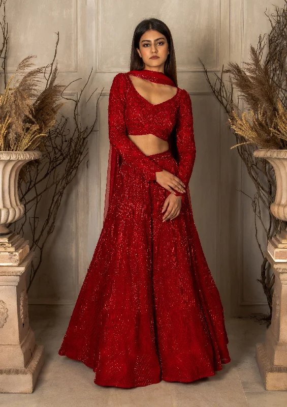 Red Ulyana Lehenga Set With Full Sleeve Madhuri Blouse And Dupatta Vintage Polka Blouse