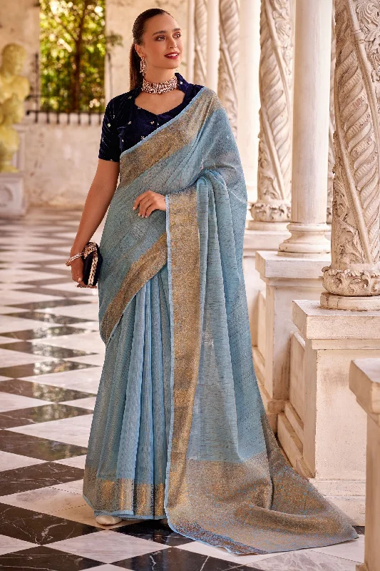 Light Cyan Color Gorgeous Fancy Linen Saree With Velvet Blouse Subtle Shimmer Blouse