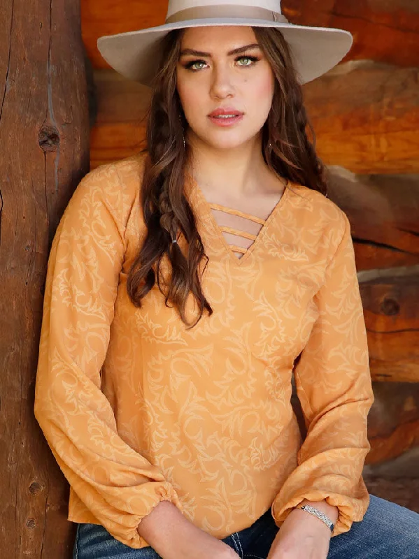 Cruel Denim CTW7301004 Womens Long Sleeve Print Blouse Gold Chic Square Blouse