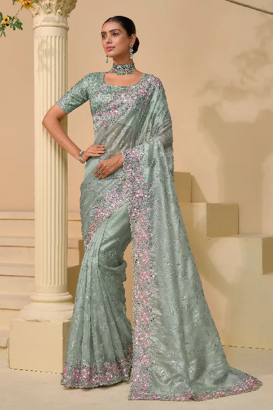 Sequins Work Light Cyan Saree With Beautiful Blouse Asymmetric Hem Blouse