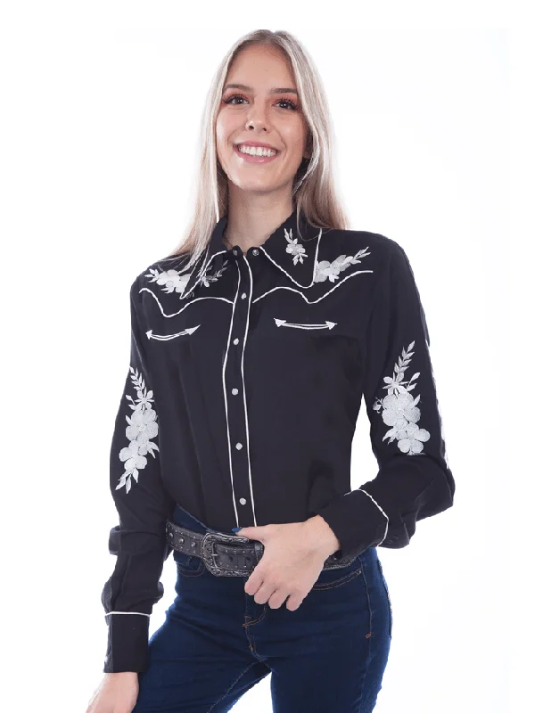 Scully PL-897-BLK Womens Floral Embroidered Lightweight Blouse Black - D Textured Cotton Blouse