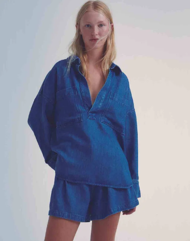 Woodland Oversized Denim Blouse Feminine Satin Blouse