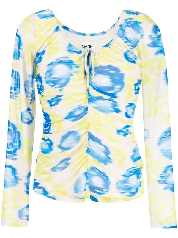 PRINTED MESH U-NECK RUCHED BLOUSE Stylish Wrap Blouse