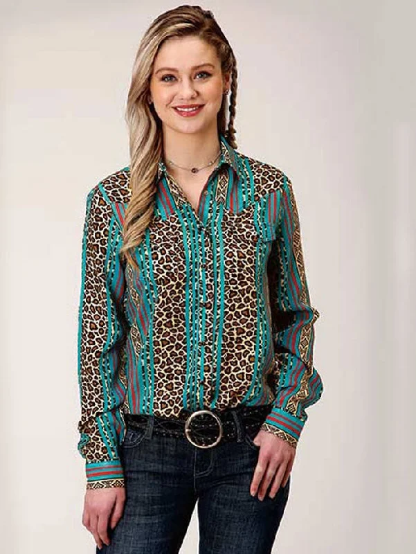 Roper 03-050-0590-0148 Womens Leopard Stripe Printed Rayon Western Blouse Multi Soft Modal Blouse