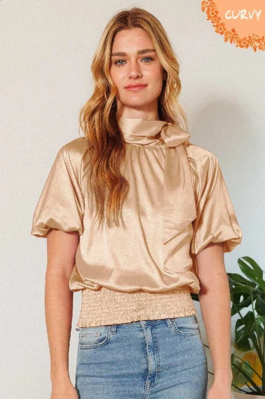 Waist Smocked Solid Satin Blouse Feminine Pastel Blouse