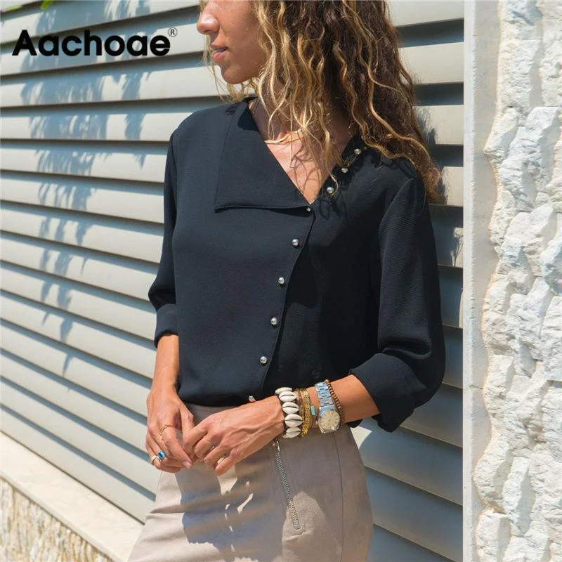 Aachoae Blouse 2020 Fashion Long Sleeve Women Blouses and Tops Skew Collar Solid Office Shirt Casual Tops Blusas Chemise Femme Embroidered Cotton Blouse
